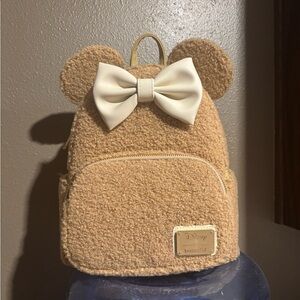 Loungefly Tan Fuzzy Kids Backpack with Bow